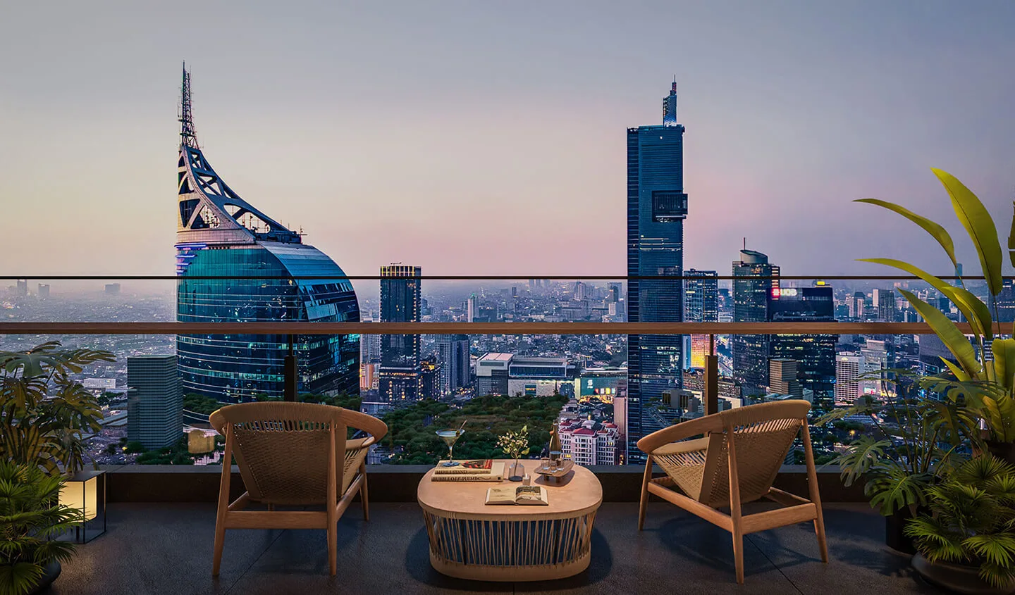 Private rooftop terrace with Jakarta skyline views at dusk